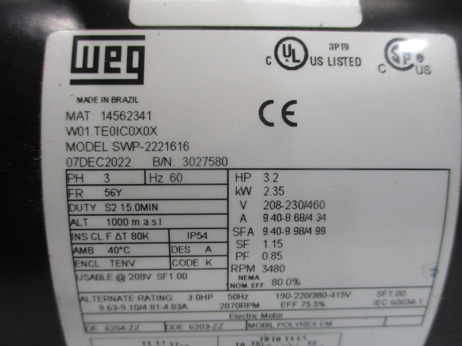 WEG W01.TE0IC0X0X SWP-2221616 208-230/460V 9.40-8.68/4.34A UNMP