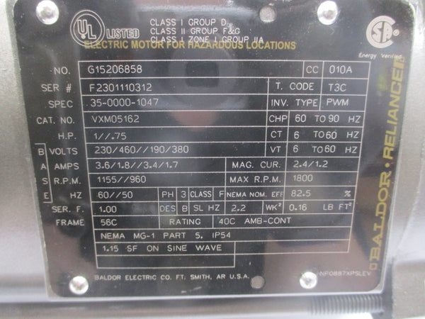 BALDOR VXM05162 35-0000-1047 230/460V 3.6/1.8A NSNP