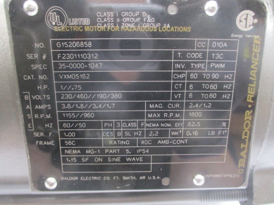 BALDOR VXM05162 35-0000-1047 230/460V 3.6/1.8A NSNP
