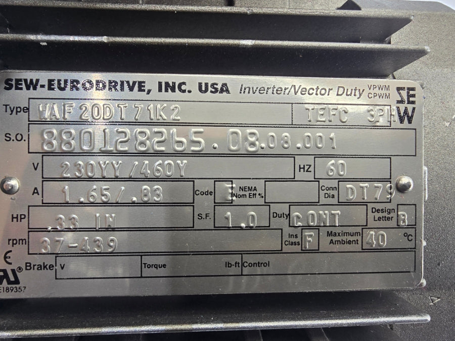 SEW-EURODRIVE WAF20DT71K2 230/460V 1.65/.83A NSNP