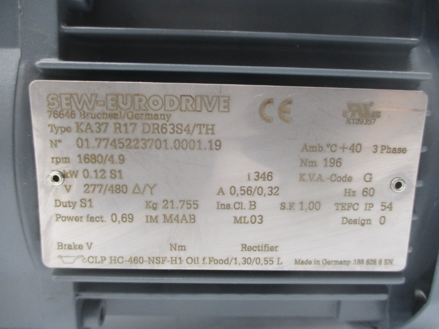 SEW-EURODRIVE KA37R17DR63S4/TH 277/480V 0.56/0.32A NSNP