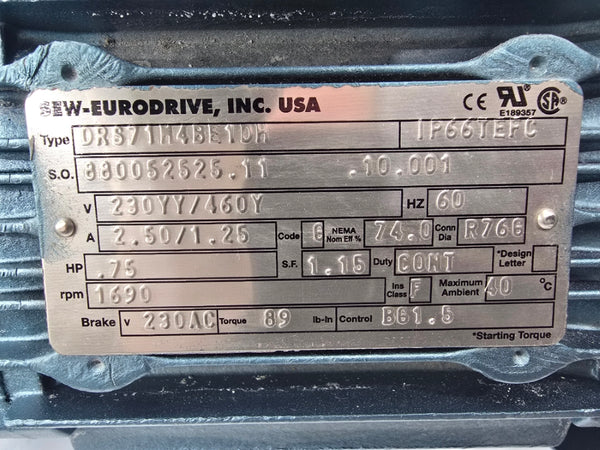 SEW-EURODRIVE R27DRS71M4BE1DH 230/460V 2.50/1.25A NSNP