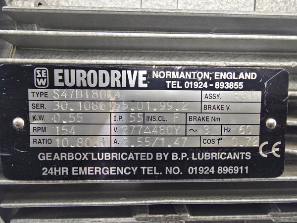 SEW EURODRIVE S47DT80K4 277/480V 2.55/1.47A NSNP