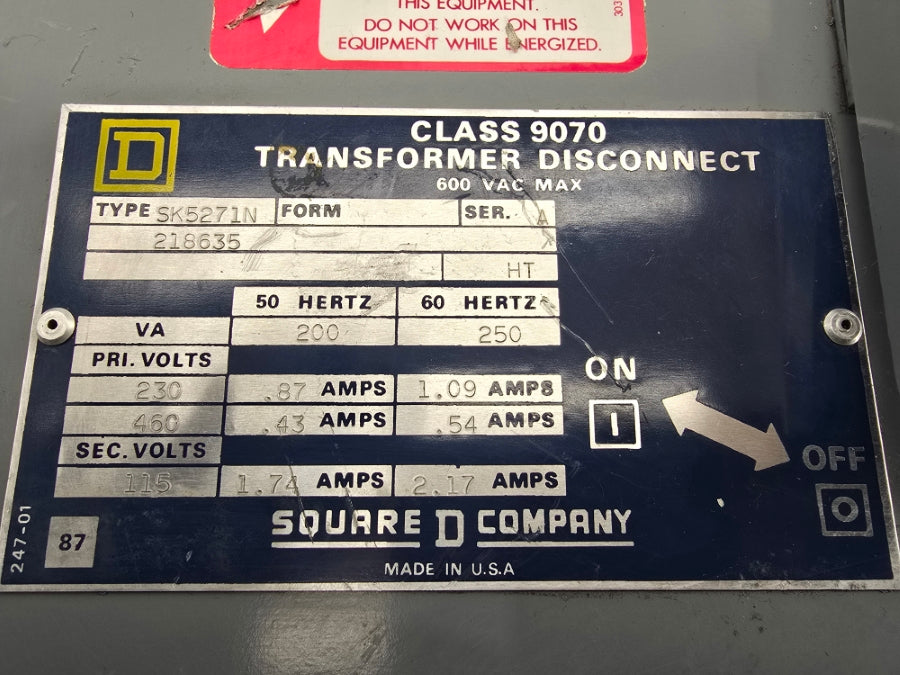 SQUARE D 9070 SK5271N SER. A 230/460V 1.09/.54A UNMP