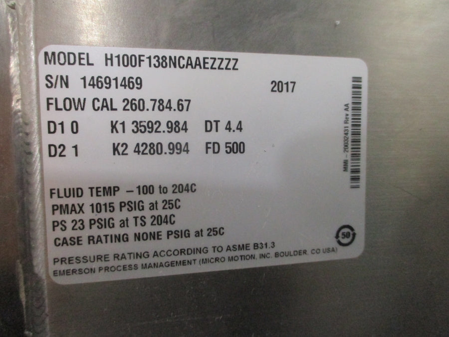 MICRO MOTION H100F138NCAAEZZZZ 2700I12BBAEZZZ 85-265VAC 1015PSI NSNP