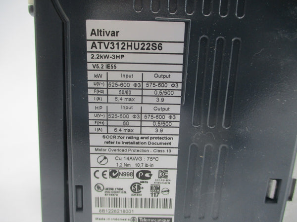 SCHNEIDER ELECTRIC ATV312HU22S6 525-600VAC 6.4A NSMP