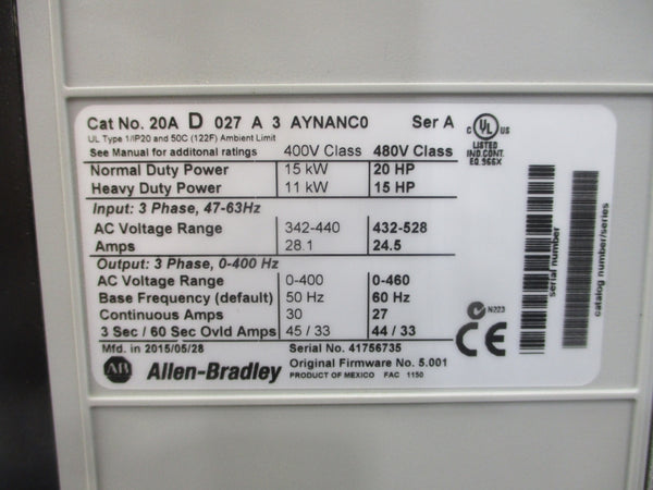 INDUSTRIAL SPARE PART 20AD027A3AYNANC0 SER. A F/W 5.001 480VAC 27A NSMP
