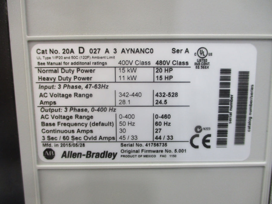 ALLEN BRADLEY 20AD027A3AYNANC0 SER. A F/W 5.001 480VAC 27A NSMP