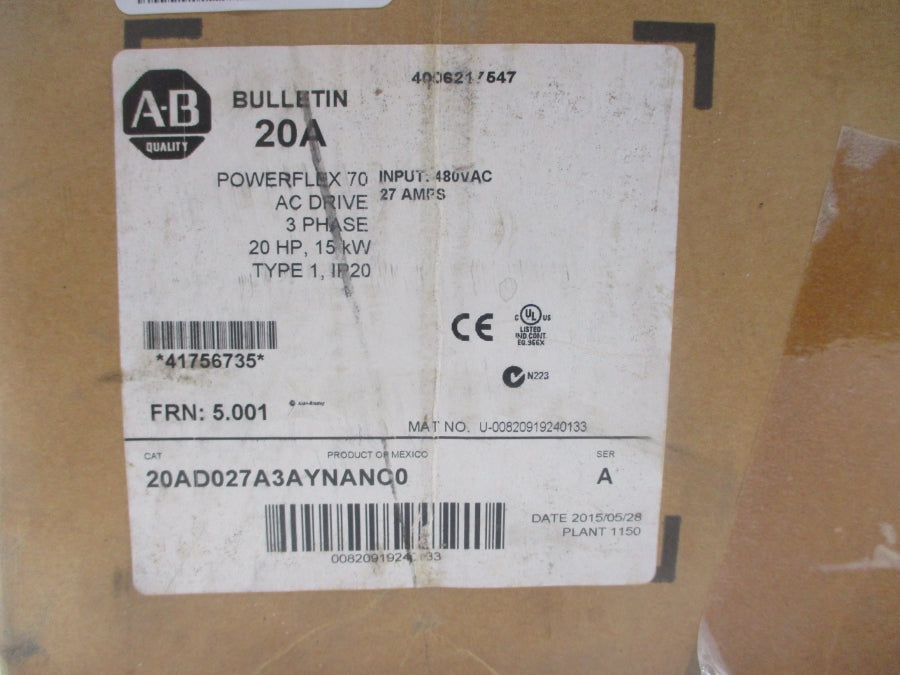 ALLEN BRADLEY 20AD027A3AYNANC0 SER. A F/W 5.001 480VAC 27A NSMP