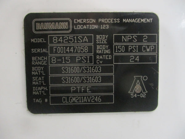 BAUMANN 84251SA DVC6200 30VDC 8-15PSI 2" NSNP