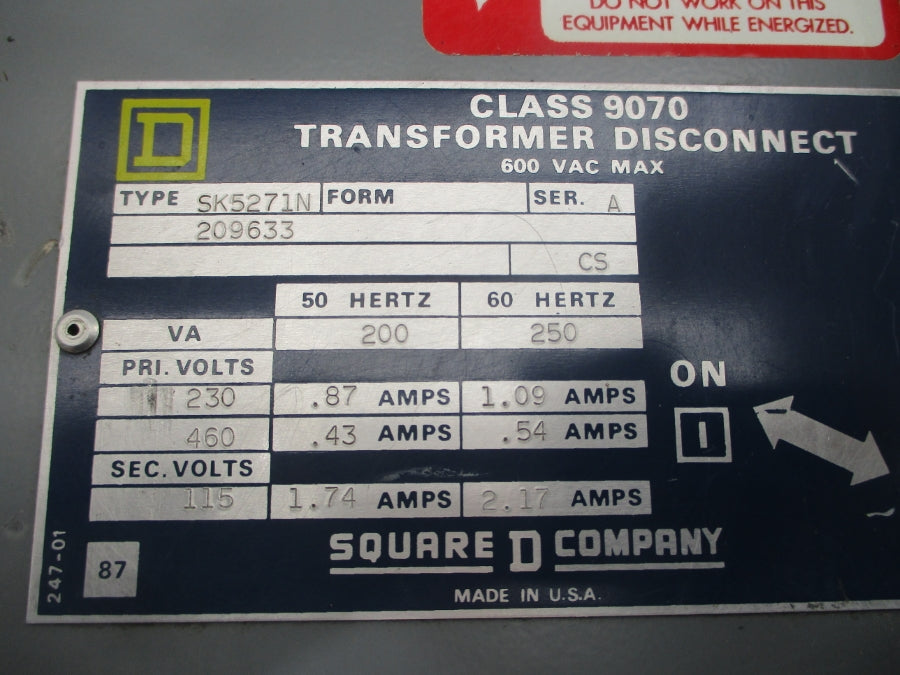 SQUARE D 9070 SK5271N SER. A 230/460V 1.09/.54A UNMP