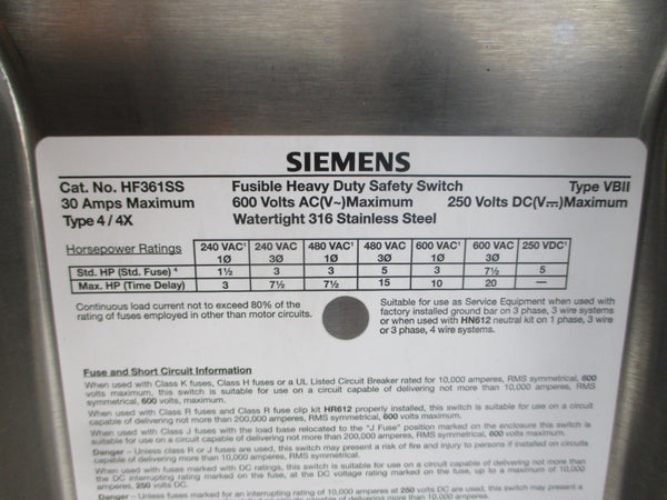 SIEMENS HF361SS 600VAC 30A NSNP