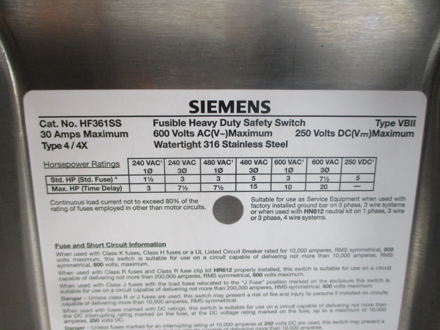 SIEMENS HF361SS 600VAC 30A NSNP