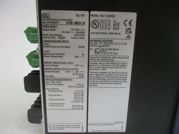 SEL 0787EX1ACACA75850830 SEL-787 F/W 787R210-V4 110-240V 5A NSMP