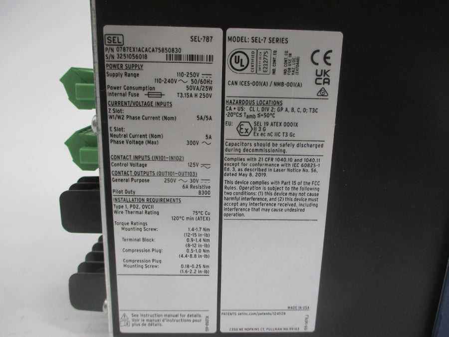 SEL 0787EX1ACACA75850830 SEL-787 F/W 787R210-V4 110-240V 5A NSMP