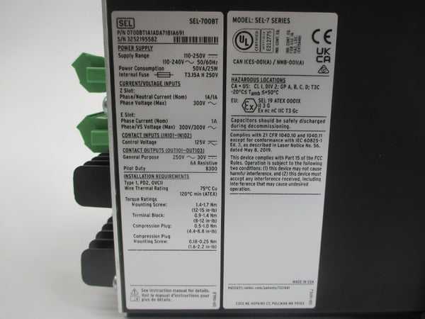 SEL 0700BT1A1ADA7181A691 SEL-700BT F/W 700BTR303-V1 110-250V 1A NSMP