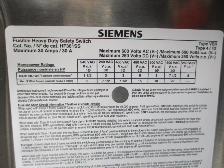 SIEMENS HF361SS 600VAC 30A NSMP