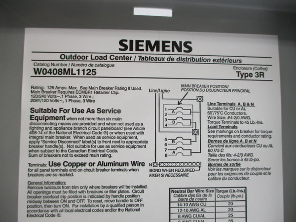 SIEMENS W0408ML1125U 120/240V 125A REV. 00 NSMP