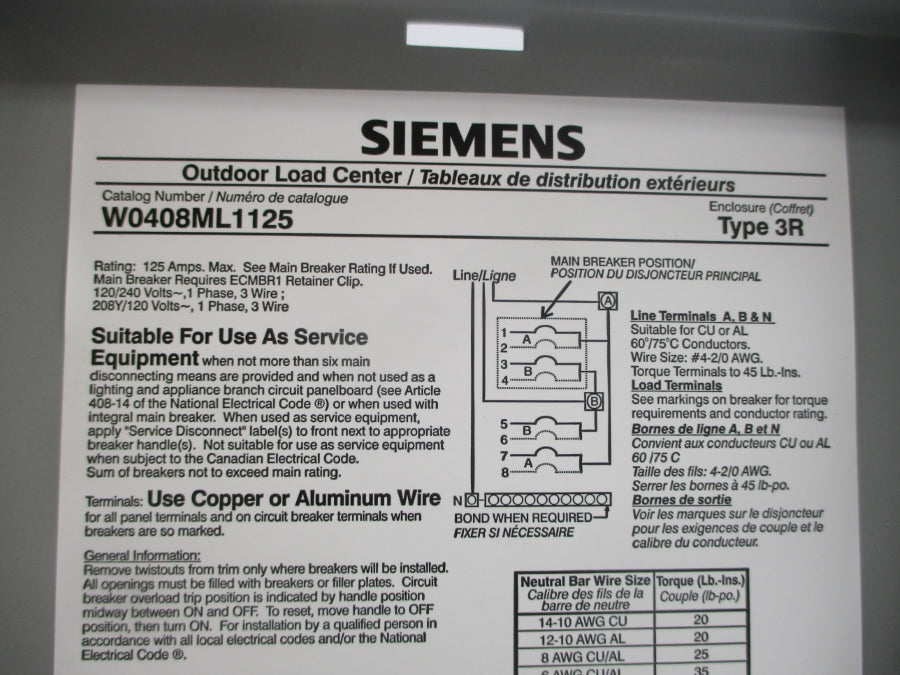 SIEMENS W0408ML1125U 120/240V 125A REV. 00 NSMP