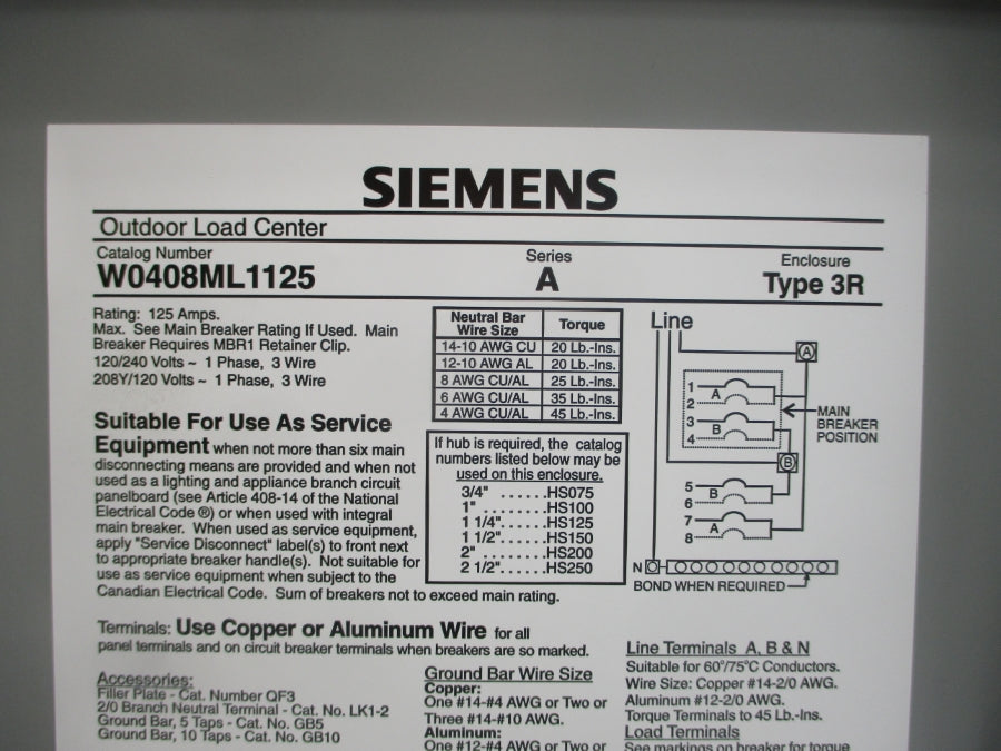 SIEMENS W0408ML1125 SER. A 120/240V 125A NSMP
