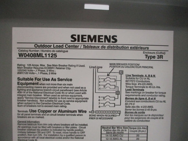 SIEMENS W0408ML1125U 120/240V 125A REV. 00 NSMP