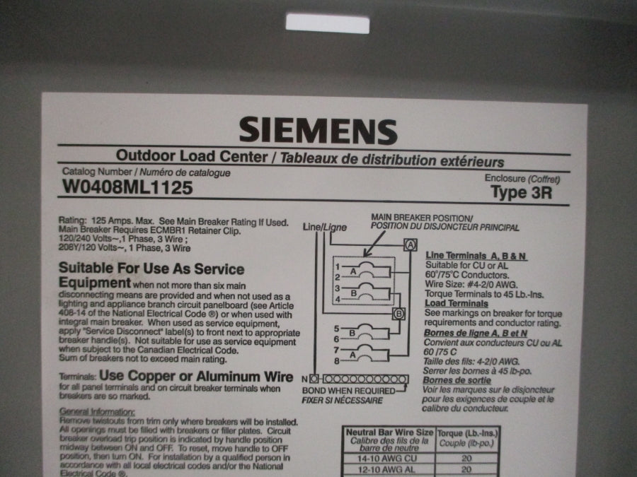 SIEMENS W0408ML1125U 120/240V 125A REV. 00 NSMP