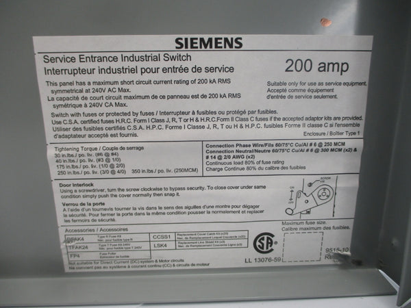 SIEMENS ID224 240VAC 200A (AS PICTURED) NSMP