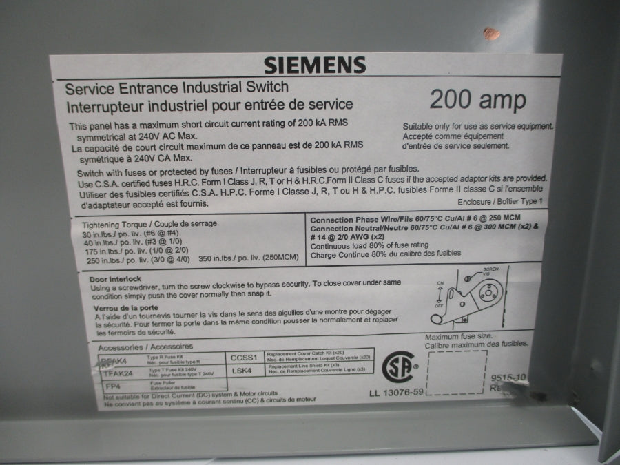 SIEMENS ID224 240VAC 200A (AS PICTURED) NSMP