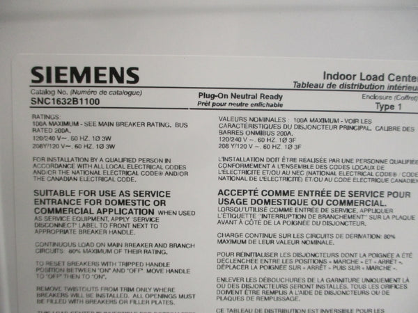 SIEMENS SNC1632B1100W 120/240V 100A NSMP