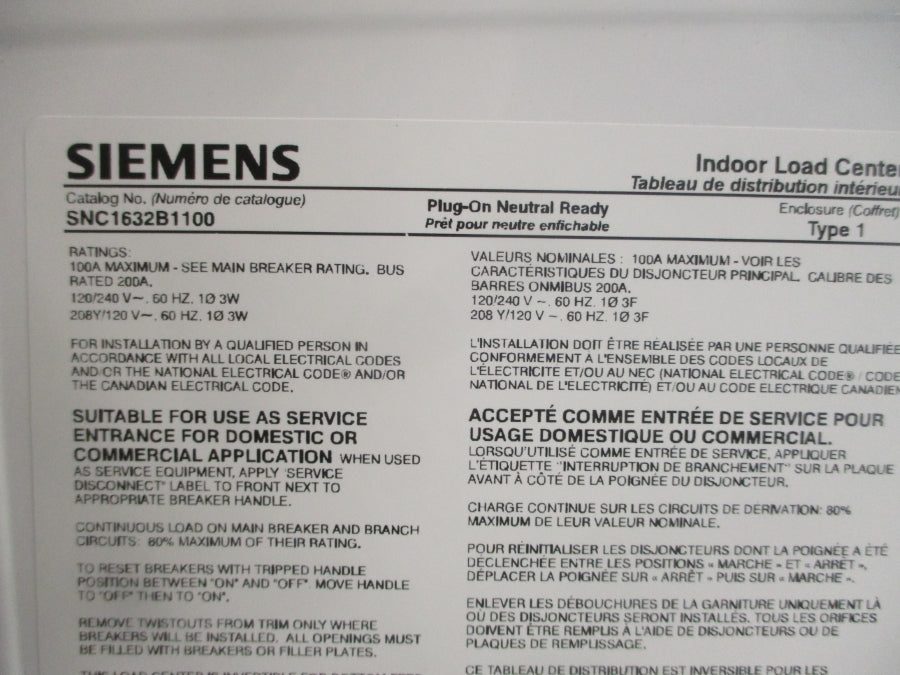 SIEMENS SNC1632B1100W 120/240V 100A NSMP