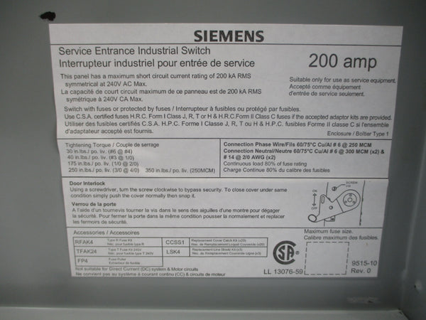 SIEMENS ID224 240VAC 200A (AS PICTURED) NSNP
