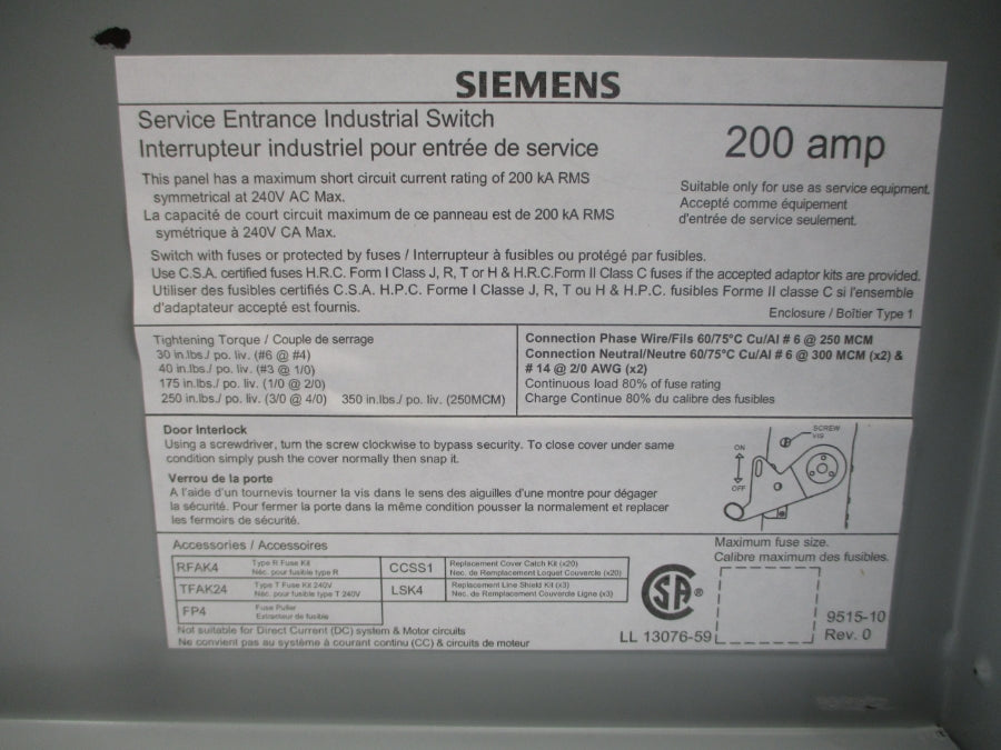 SIEMENS ID224 240VAC 200A (AS PICTURED) NSNP