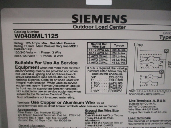 SIEMENS W0408ML1125 120/240V 125A NSNP
