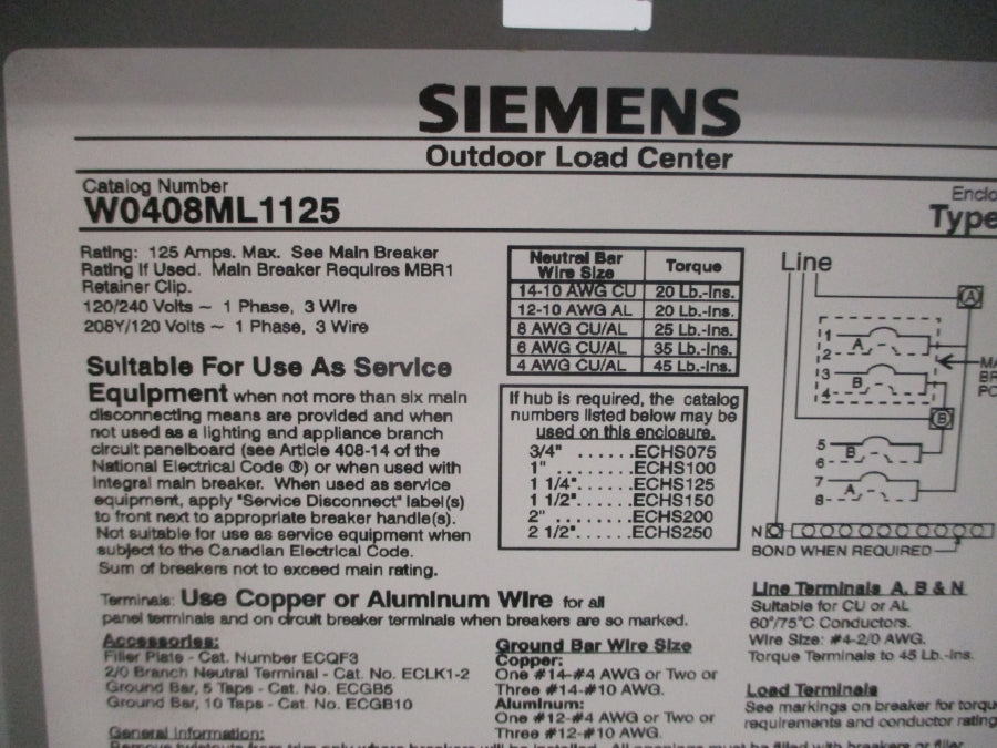 SIEMENS W0408ML1125 120/240V 125A NSNP