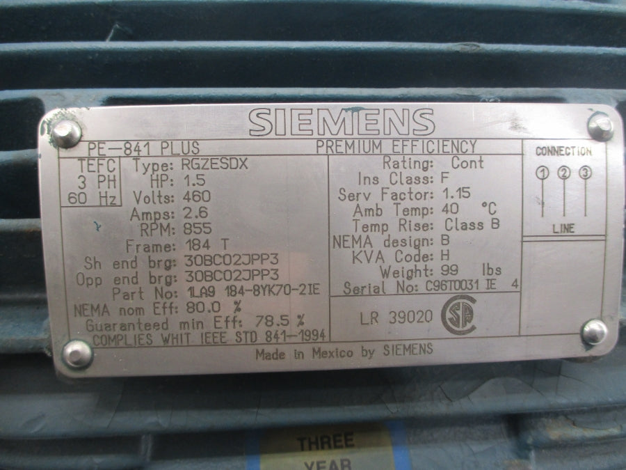 SIEMENS RGZESDX 1LA9184-8YK70-2IE 460V 2.6A (AS PICTURED) NSNP