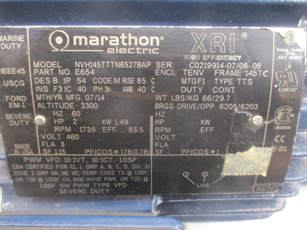 MARATHON ELECTRIC NVH145TTTN6527BAP E654 460V 3A NSMP