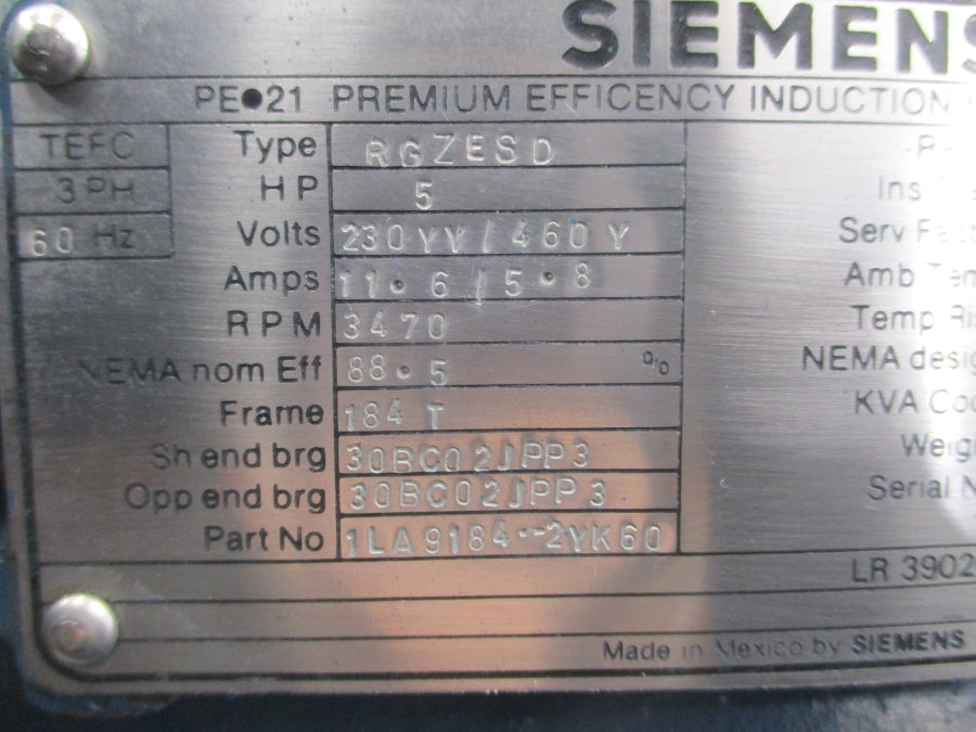 SIEMENS RGZESD 1LA9184-2YK60 230/460V 11.6/5.8A NSNP