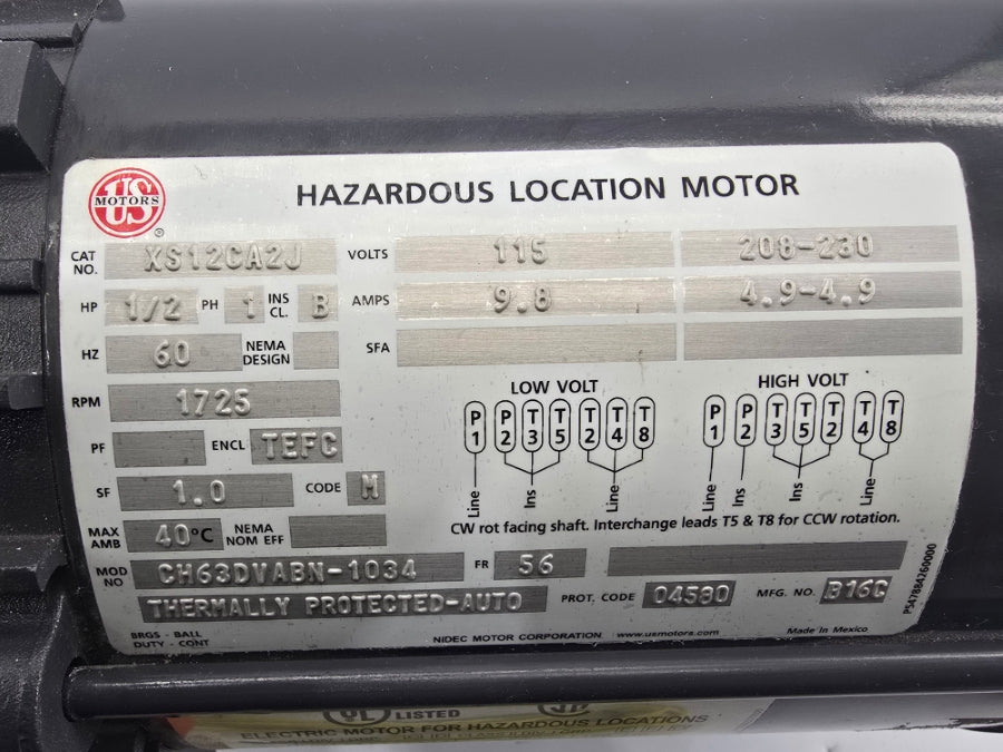 US MOTORS XS12CA2J CH63DVABN-1034 115/208-230V 9.8/4.9-4.9A NSMP