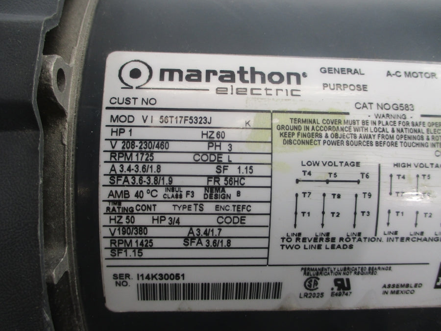 MARATHON ELECTRIC G583 056T17F5323 208-230/460V 3.4-3.6/1.8A NSMP
