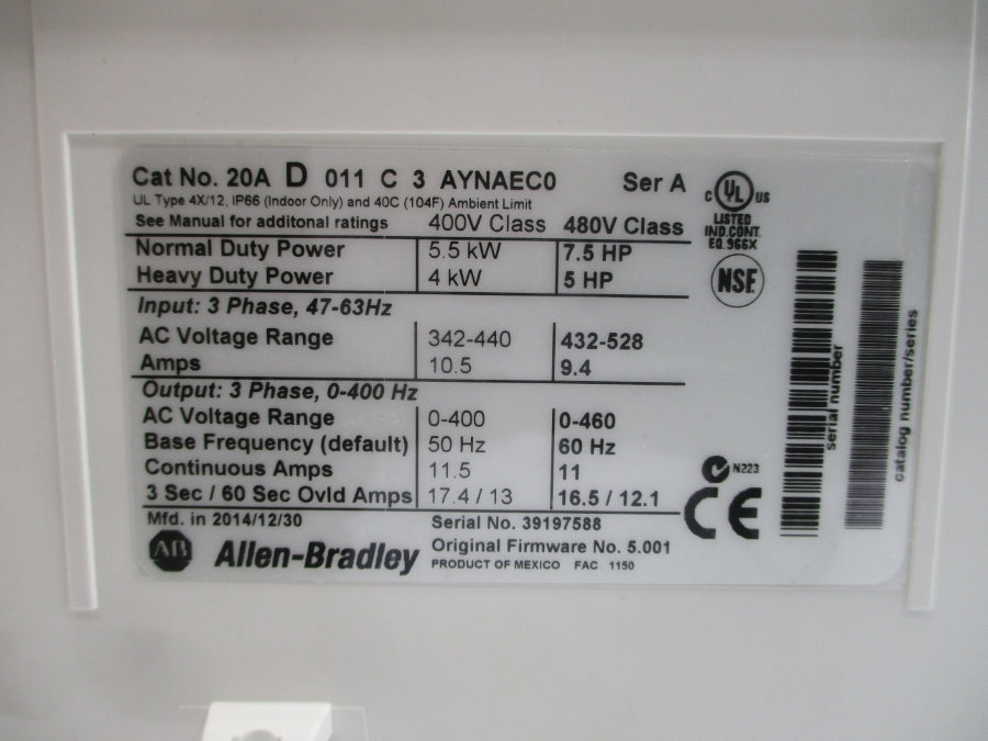 INDUSTRIAL SPARE PART 20AD011C3AYNAEC0 SER. A F/W 5.001 480VAC 11A NSMP
