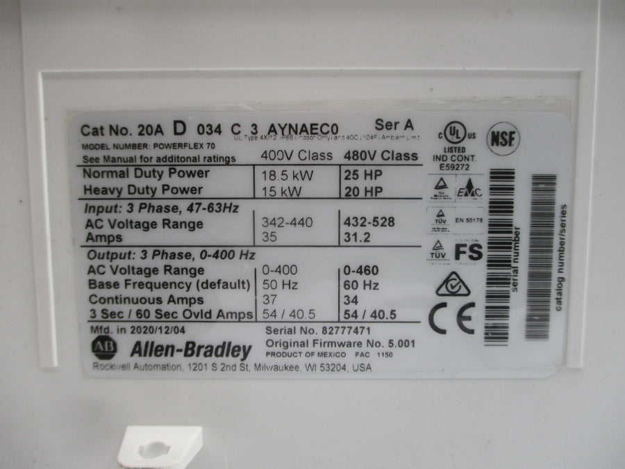 INDUSTRIAL SPARE PART 20AD034C3AYNAEC0 SER. A F/W 5.001 480VAC 34A NSMP