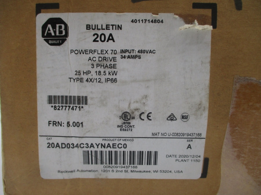 INDUSTRIAL SPARE PART 20AD034C3AYNAEC0 SER. A F/W 5.001 480VAC 34A NSMP