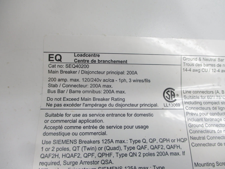 SIEMENS SEQ40200DW 120/240V 200A (AS PICTURED) NSMP