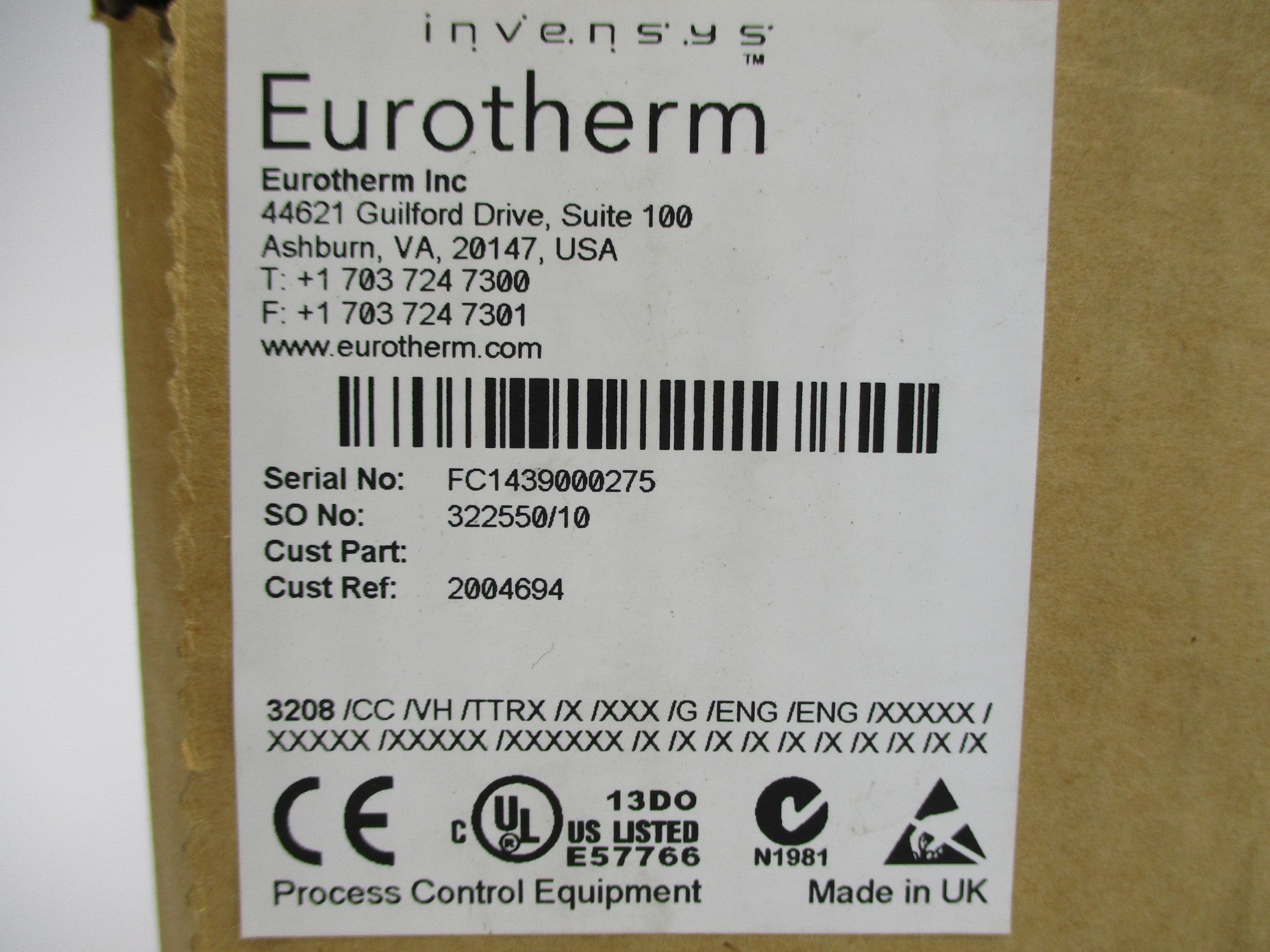 EUROTHERM 3208/CC/VH/TTRX/X/XXX/G/ENG/ENG/XXXXX NSMP