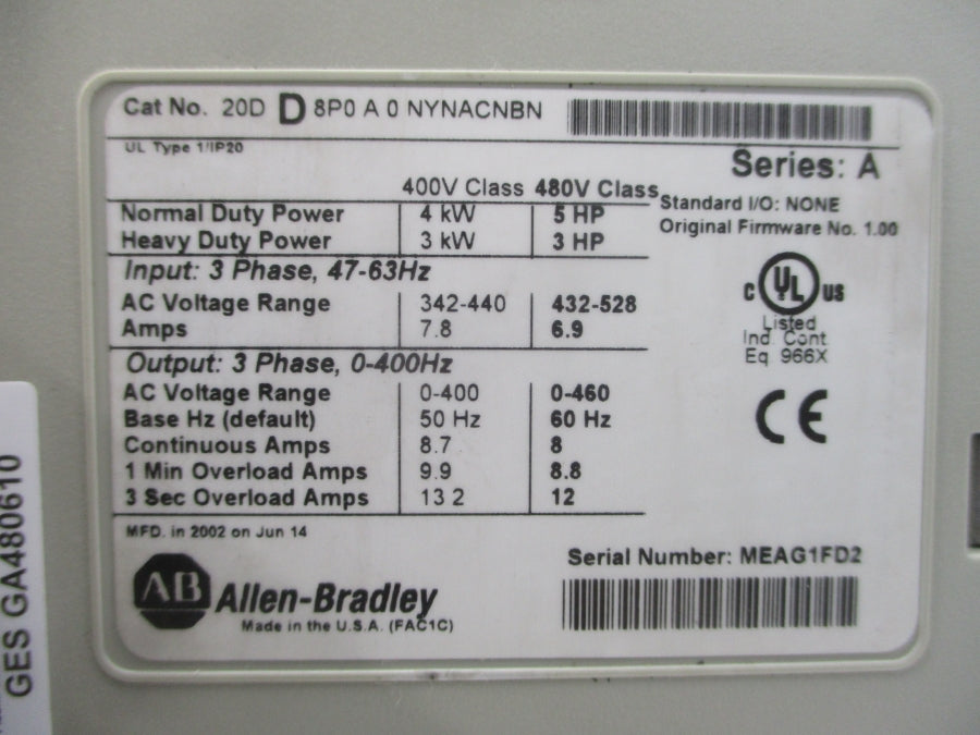 INDUSTRIAL SPARE PART 20DD8P0A0NYNACNBN SER. A F/W 1.00 432-528VAC 6.9A UNMP