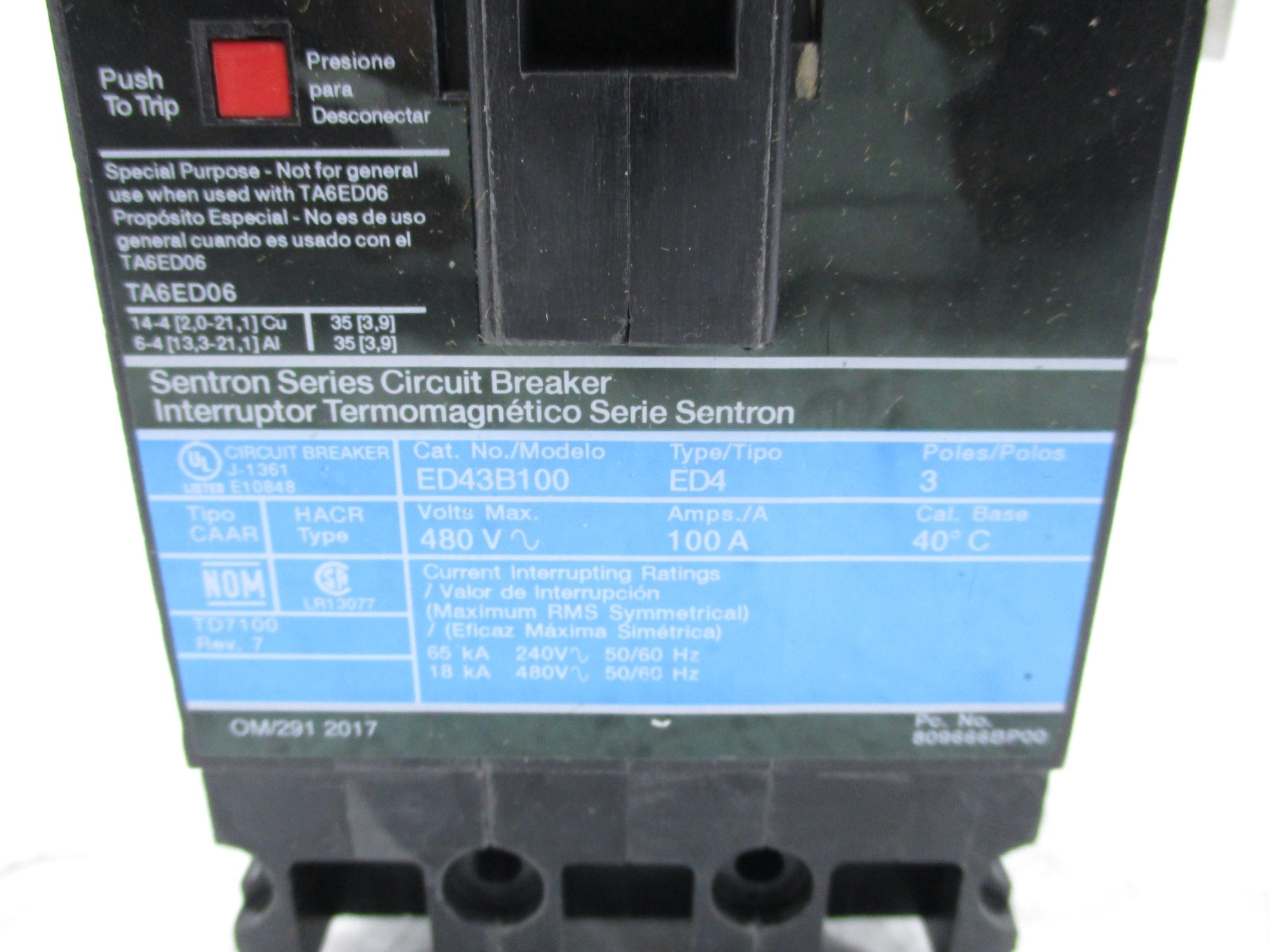 SIEMENS ED43B100 480V 100A UNMP