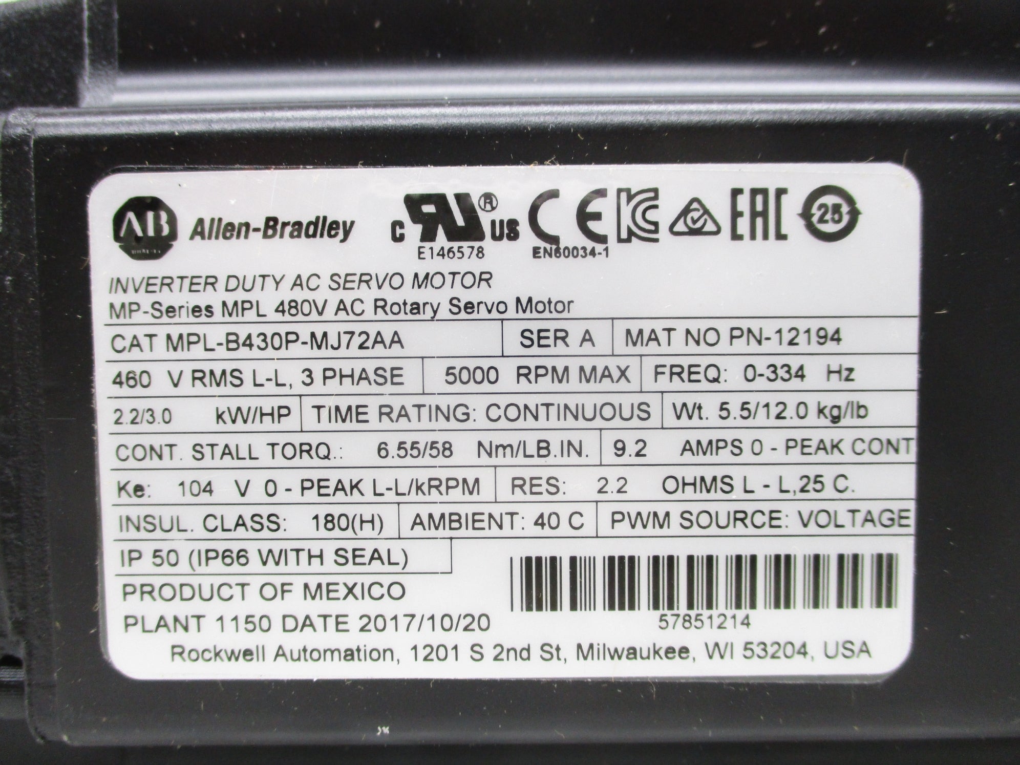 ALLEN BRADLEY MPL-B430P-MJ72AA SER. A 460V 9.2A NSNP