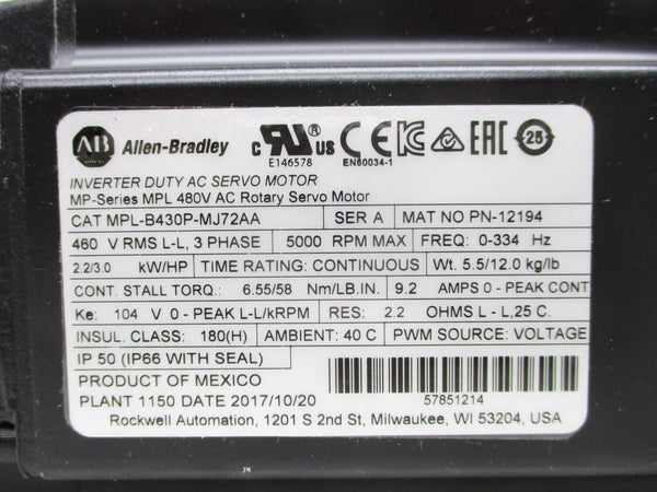 ALLEN BRADLEY MPL-B430P-MJ72AA SER. A 460V 9.2A NSNP