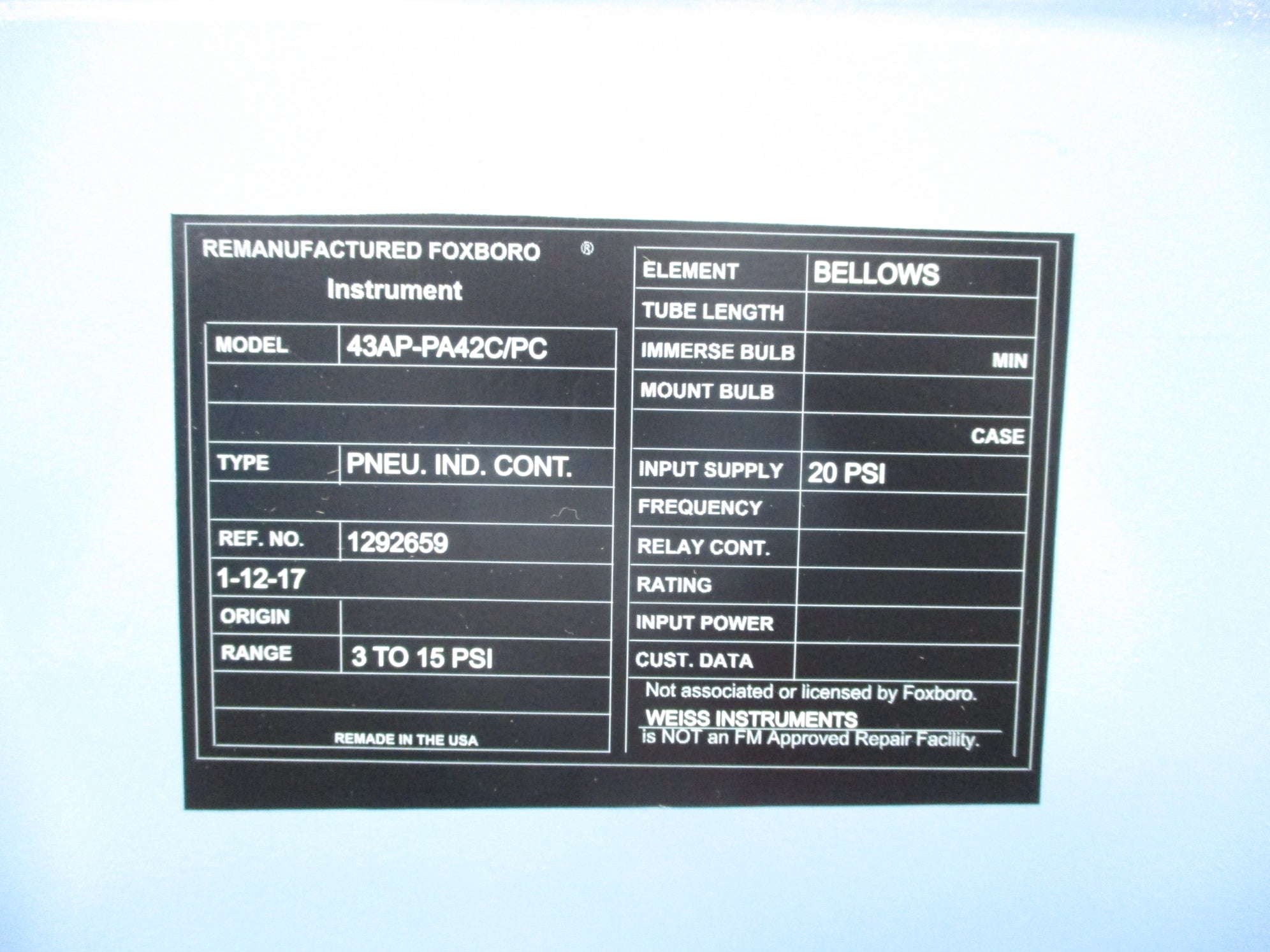 FOXBORO 43AP-PA42C/PC 0-100 3-15PSI NSNP