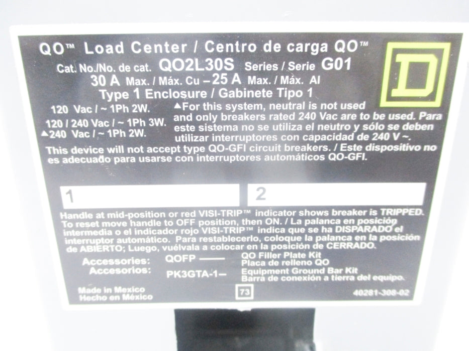 SQUARE D QO2L30S SER. G01 120/240VAC 30A NSNP